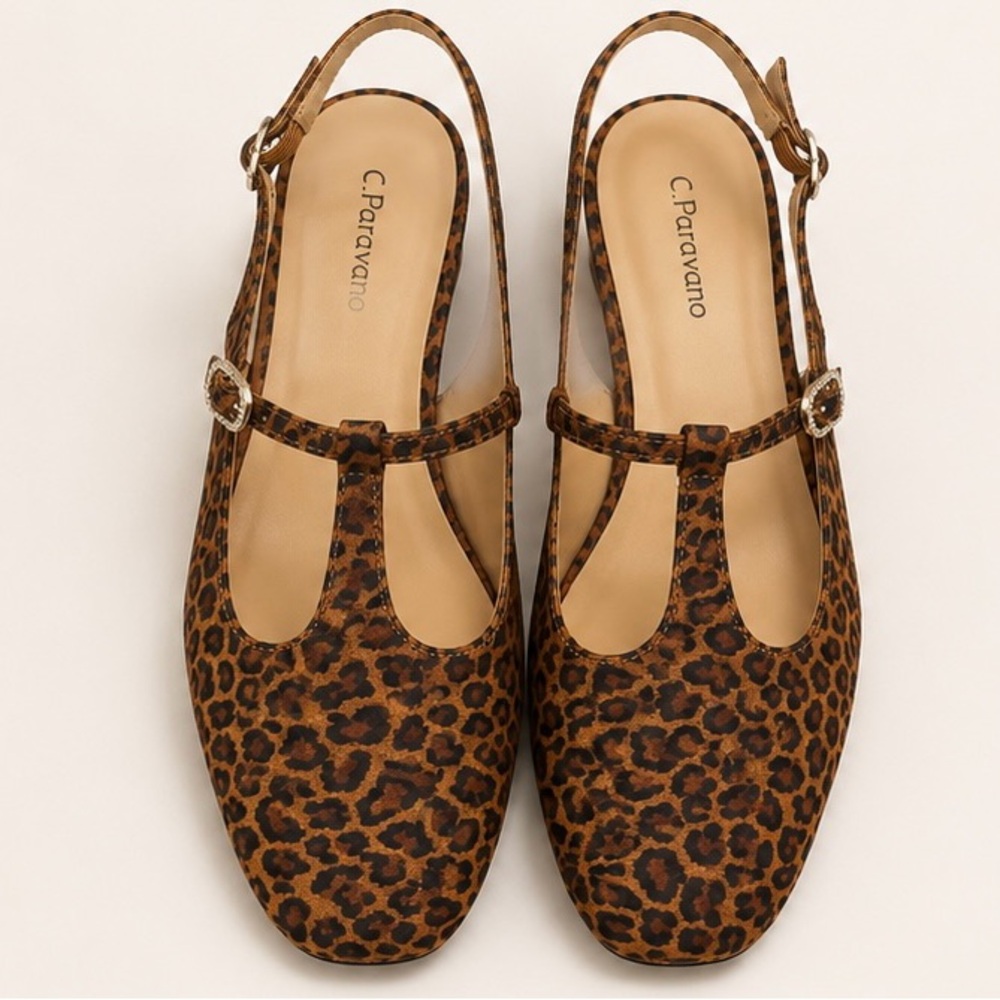 C. Paravano Leopard T‑Strap Slingback Flats - Brown Leopard